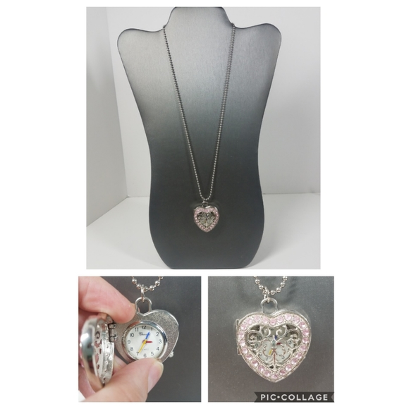 Heart Filigree Rhinestone SilvertoneWatch Necklace - Picture 1 of 7